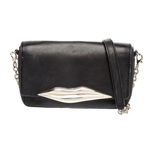 Diane von Furstenberg Black Leather Lips Crossbody Bag with Chain-Link Strap - Picture 1 of 6